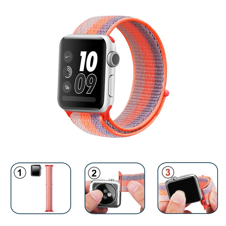 Nylon Weaven Loop Fastener Smart Bracelet Band for Apple Watch Series 10 42mm / 9 8 7 41mm / SE (2023) SE (2022) SE 6 5 4 40mm / 3 2 1 38mm - Stripe Orange