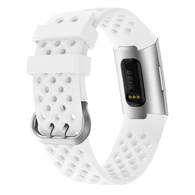 Flexible Silicone Watch Band for Fitbit Charge 4/3, Double Pin Buckle Wrist Strap [with Breathable Holes] - White