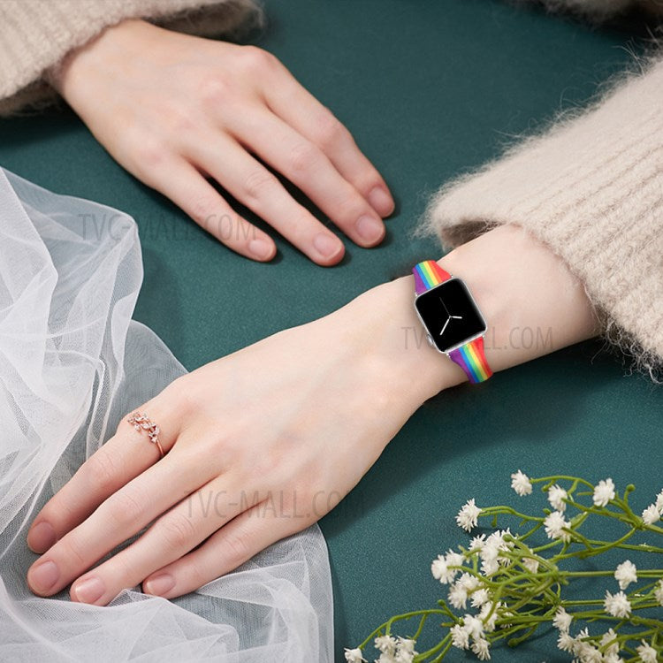 Rainbow Genuine Leather Strap Replace Band for Apple Watch Series 10 42mm / 9 8 7 41mm / 6 5 4 SE SE (2022) SE (2023) 40mm / 3 2 1 38mm