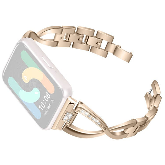 For Samsung Galaxy Fit3 SM-R390 Stainless Steel Strap Rhinestones Decor X-Shape Smartwatch Band - Gold