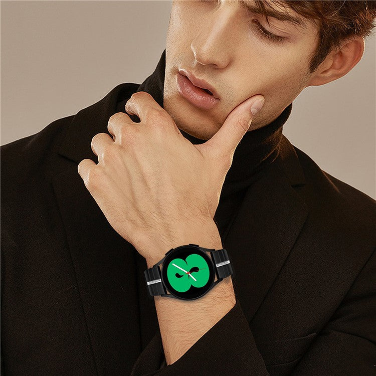 For Samsung Galaxy Watch FE 40mm / Watch4 40mm / 44mm Stainless Steel Watch Strap Line Design Wrist Band - Black+Silver