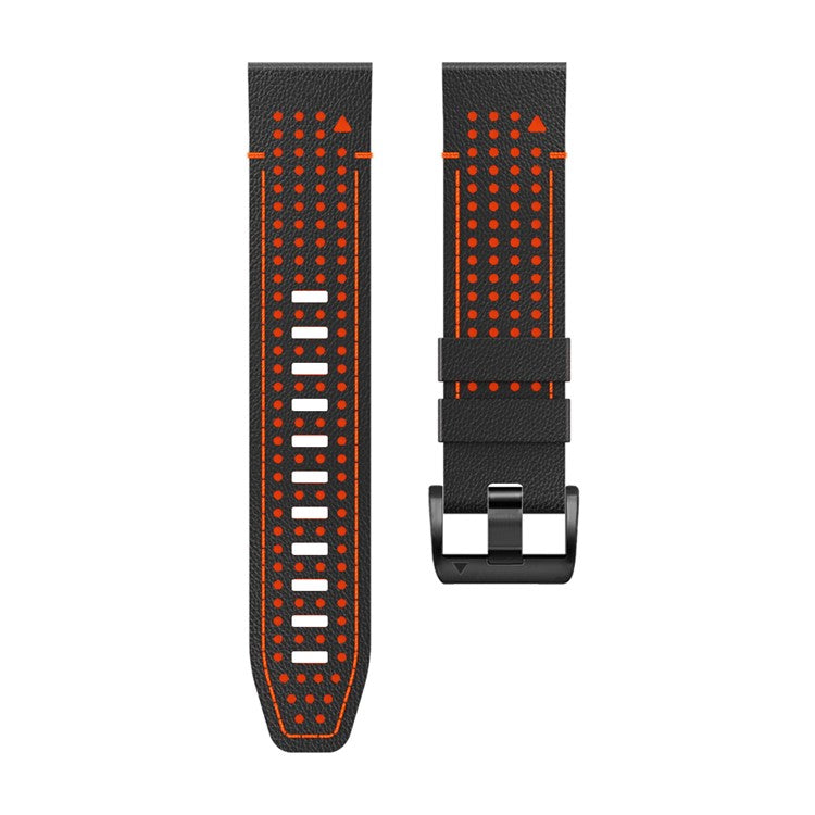 For Garmin Fenix 7X / 7X Pro / 6X Watch Band 26mm Leather + Silicone Replacement Wristband Strap - Black+Orange