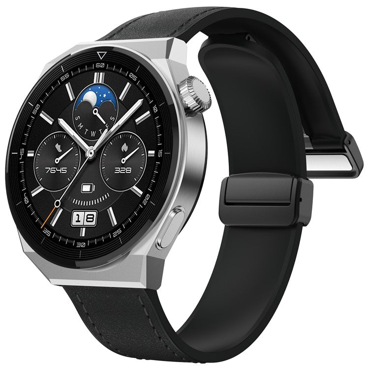 For Huawei Watch GT 3 42mm / GT 3 Pro 43mm Watch Band 20mm Leather Coated Silicone Strap with Magnetic Buckle - Black