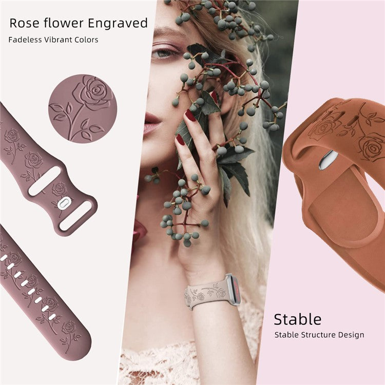 For Apple Watch Series 10 42mm / 9 8 7 41mm / SE (2023) SE (2022) SE 6 5 4 40mm / 3 2 1 38mm Rose Engraved Watch Strap Silicone Band - Smoky Purple