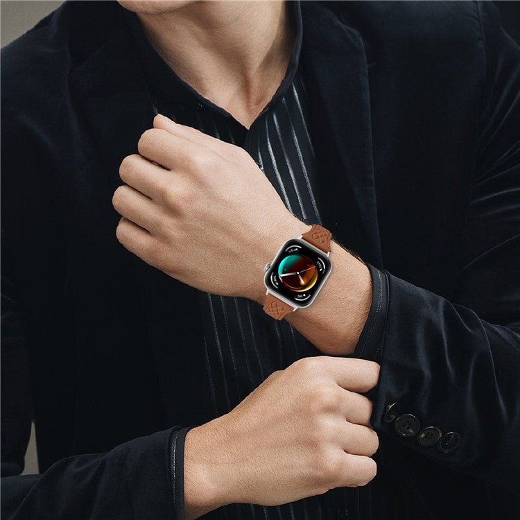 Genuine Cow Leather Band for Huawei Watch Fit 3 Rhombus Imprinted Watch Strap - Brown