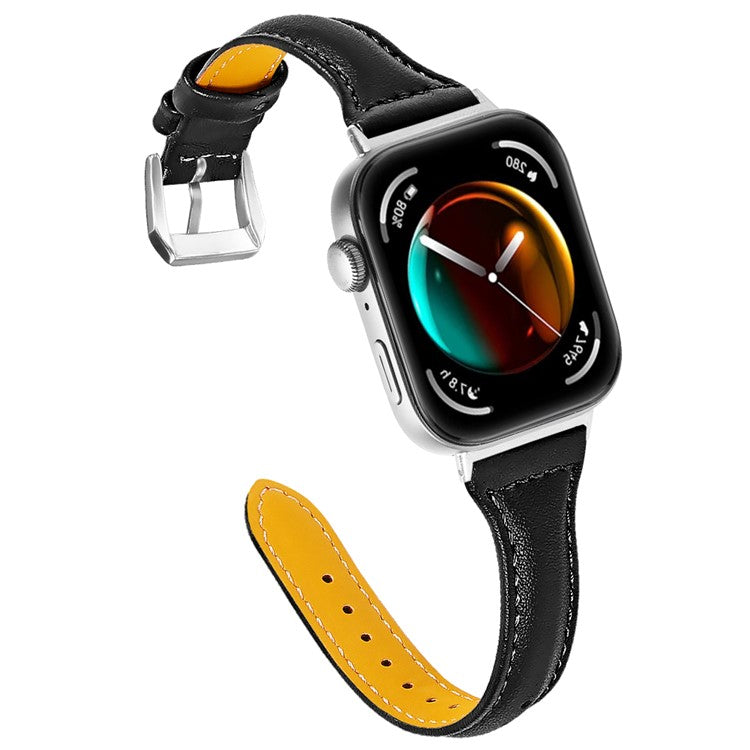 For Huawei Watch Fit 3 Watch Strap Genuine Cow Leather Band Stitching Lines - Black