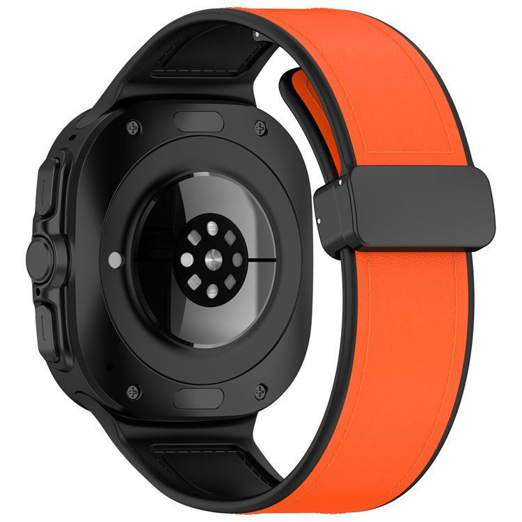 For Samsung Galaxy Watch Ultra 47mm Watch Strap Magnetic Buckle Leather Coated Silicone Wrist Band - Orange