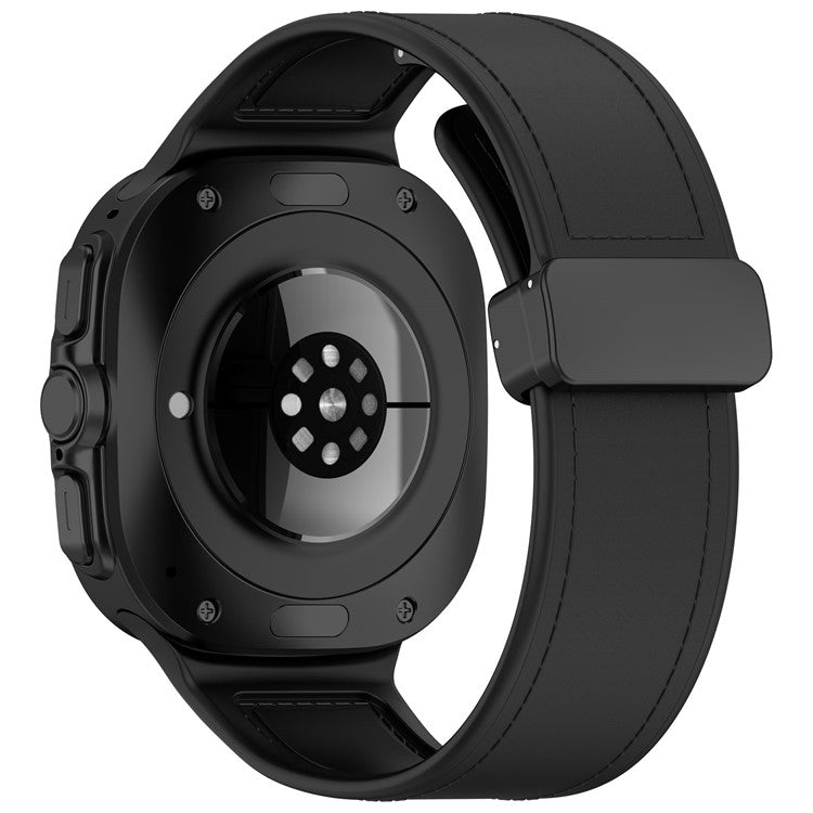 For Samsung Galaxy Watch Ultra 47mm Watch Strap Magnetic Buckle Leather Coated Silicone Wrist Band - Black
