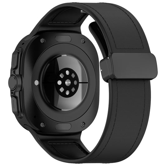 For Samsung Galaxy Watch Ultra 47mm Watch Strap Magnetic Buckle Leather Coated Silicone Wrist Band - Black