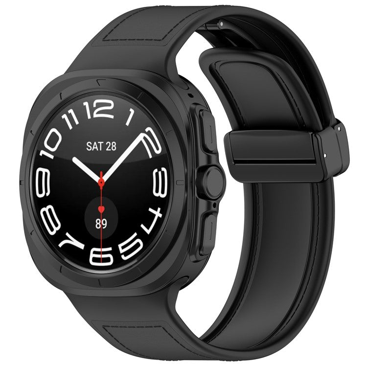 For Samsung Galaxy Watch Ultra 47mm Watch Strap Magnetic Buckle Leather Coated Silicone Wrist Band - Black