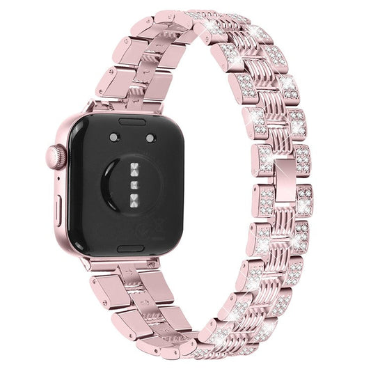 For Huawei Watch Fit 3 Rhinestone Decor Thread Texture Smart Watch Band Metal Wrist Strap - Rose Pink