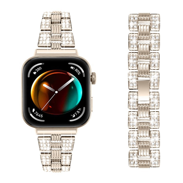 For Huawei Watch Fit 3 Rhinestone Decor Thread Texture Smart Watch Band Metal Wrist Strap - Champagne Gold