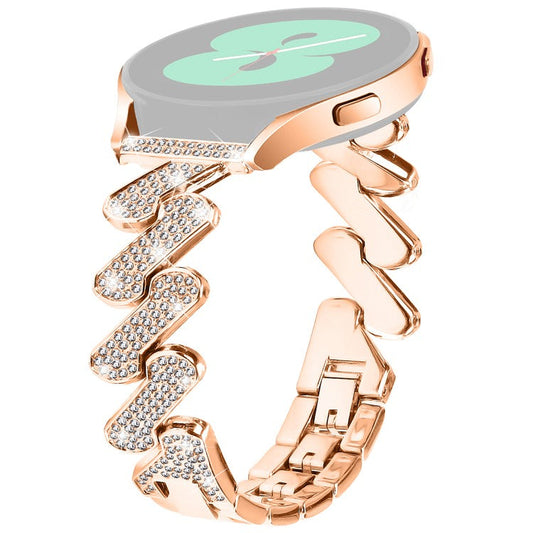 For Samsung Galaxy Watch FE 40mm Bling Rhinestone Decor Watch Band Hard Alloy Bracelet - Rose Gold