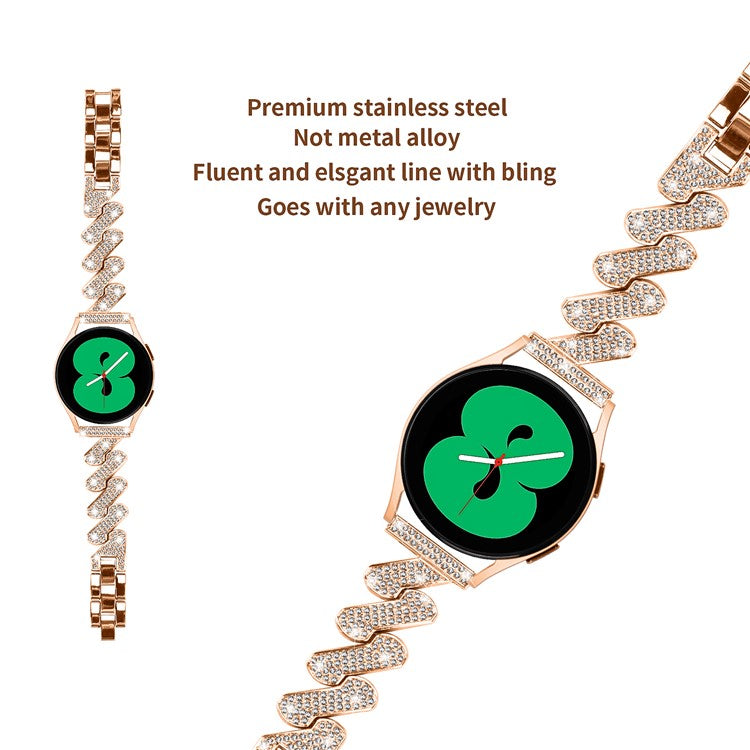 For Samsung Galaxy Watch FE 40mm Bling Rhinestone Decor Watch Band Hard Alloy Bracelet - Rose Gold
