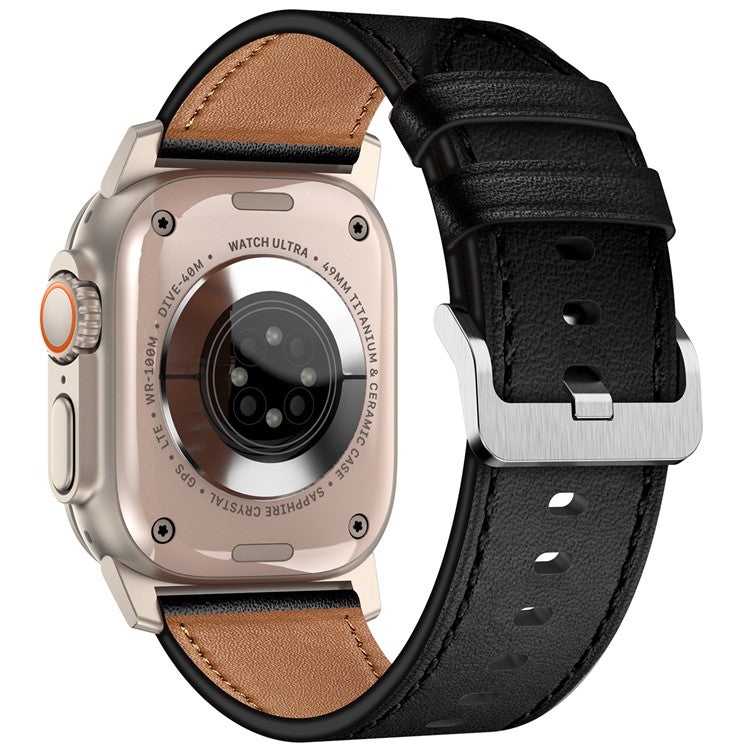 KALEBOL For Apple Watch 10 46mm / Ultra 2 / Ultra 49mm / 9 8 7 45mm / SE (2023) SE (2022) SE 6 5 4 44mm / 3 2 1 42mm Cowhide Leather Band - Titanium+Black