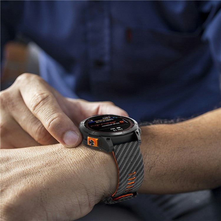 For Garmin Fenix 7 Quickfit 22mm Replacement Watch Strap Carbon Fiber Texture Silicone Band - Black+Orange