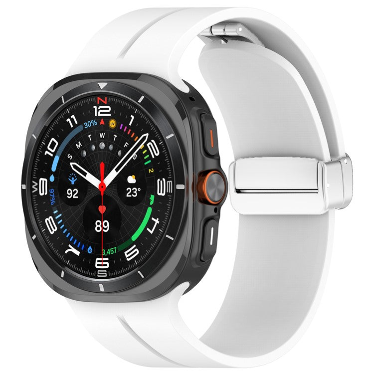 For Samsung Galaxy Watch Ultra 47mm Silicone Smartwatch Band Wrist Strap with Silver Magnetic Folding Buckle - White
