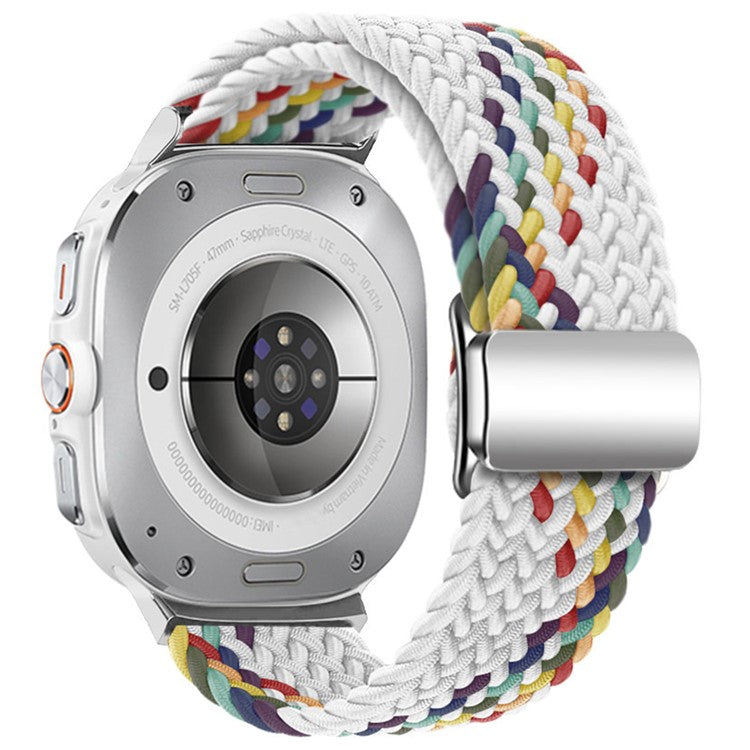 For Samsung Galaxy Watch Ultra 47mm Braided Watch Band Magnetic Wrist Strap - White Rainbow+Silver Buckle