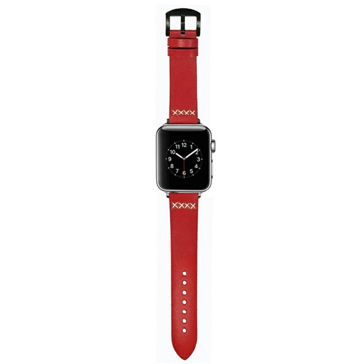 KALEBOL For Apple Watch Series 10 42mm / 9 8 7 41mm / SE (2023) SE (2022) SE 6 5 4 40mm / 3 2 1 38mm Cross-Stitch Leather Watch Strap - Red
