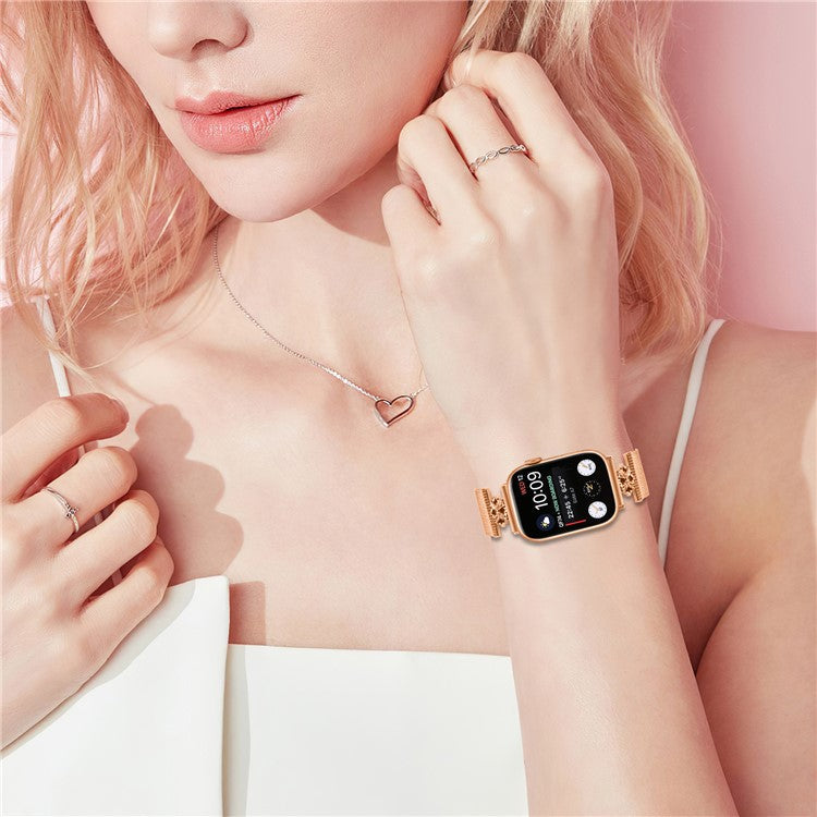 For Apple Watch Series 10 42mm / 9 8 7 41mm / SE (2023) SE (2022) SE 6 5 4 40mm / 3 2 1 38mm Band Flower Stainless Steel Magnetic Strap - Rose Gold