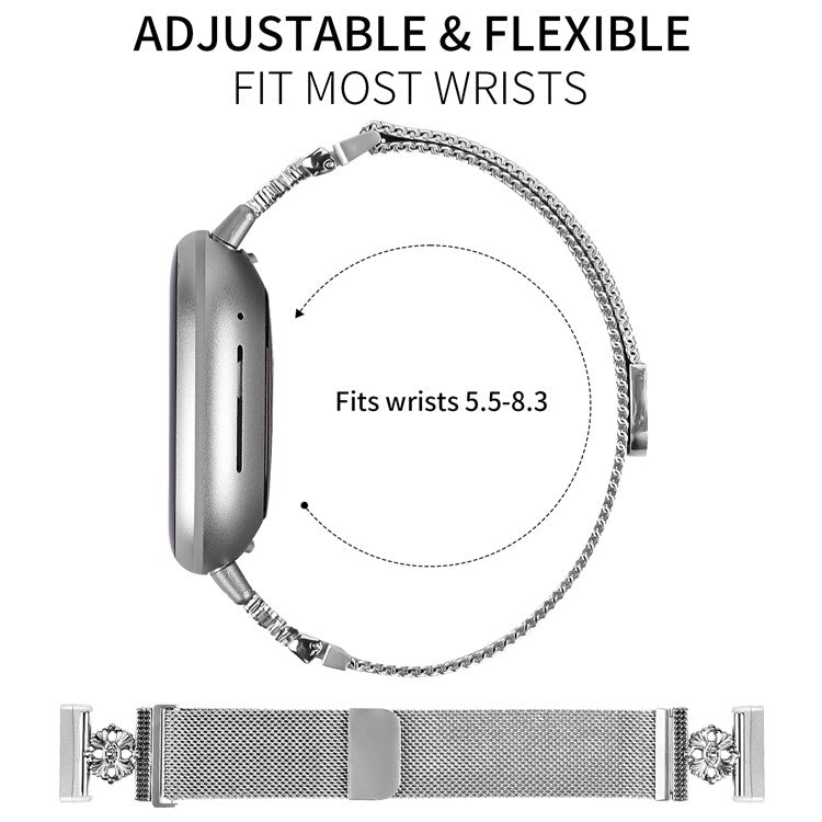 For Fitbit Versa 3 / Sense Milanese Band Flower Stainless Steel Magnetic Mesh Watch Strap - Silver