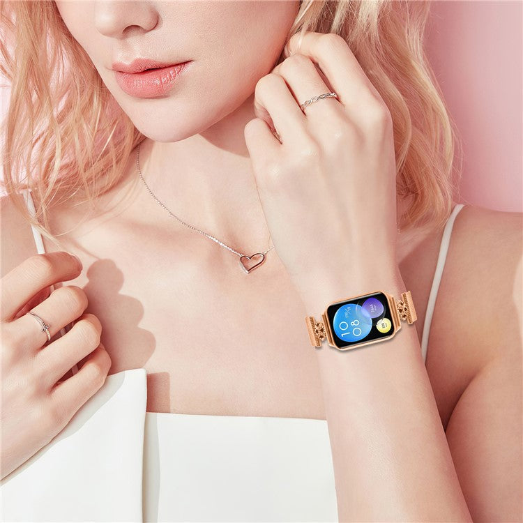 For Xiaomi Redmi Watch 4 Milanese Band Flower Stainless Steel Magnetic Mesh Watch Strap - Rose Gold