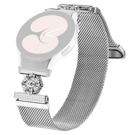 For Samsung Galaxy Watch 5 Pro / Watch 5 / Watch4 Milanese Watch Band Flower Stainless Steel Strap with Connector - Silver