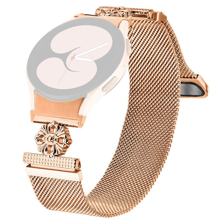 For Samsung Galaxy Watch7 44mm / 40mm Milanese Watch Band Flower Stainless Steel Strap with Connector - Rose Gold