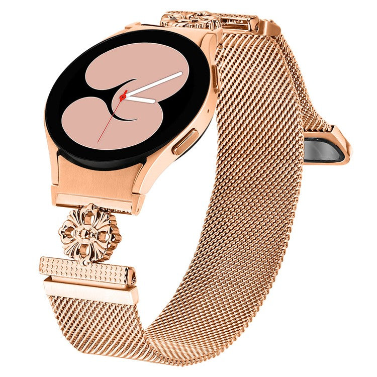 For Samsung Galaxy Watch7 44mm / 40mm Milanese Watch Band Flower Stainless Steel Strap with Connector - Rose Gold