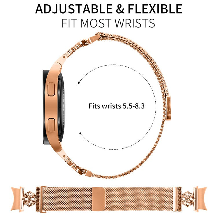 For Samsung Galaxy Watch7 44mm / 40mm Milanese Watch Band Flower Stainless Steel Strap with Connector - Rose Gold