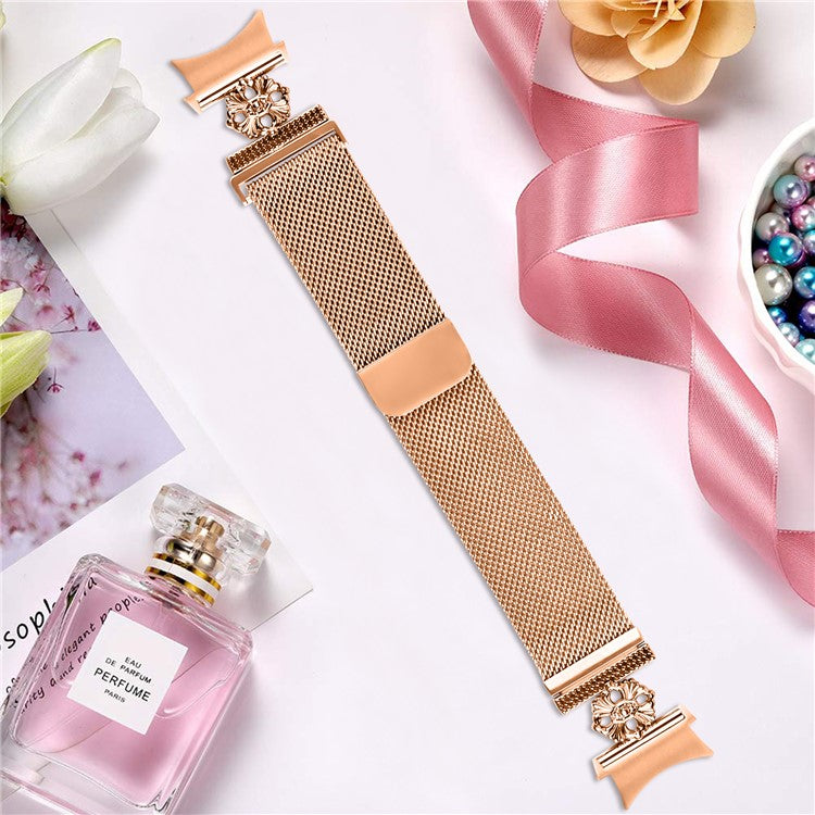 For Samsung Galaxy Watch7 44mm / 40mm Milanese Watch Band Flower Stainless Steel Strap with Connector - Rose Gold