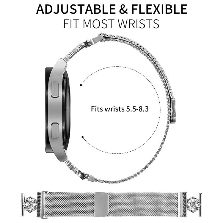 For Samsung Galaxy Watch4 Classic 46mm / 42mm Milanese Band Flower Stainless Steel Magnetic Mesh Watch Strap - Silver