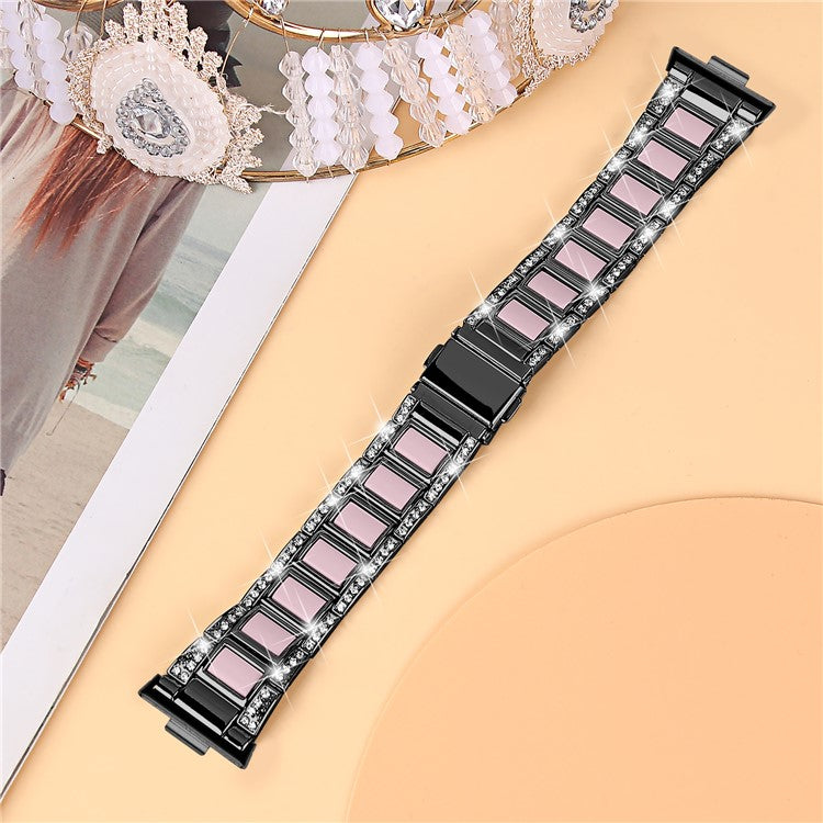For Huawei Watch Fit 3 Metal Alloy Watch Band Rhinestones Resin Wristband Bracelet - Black+Pink