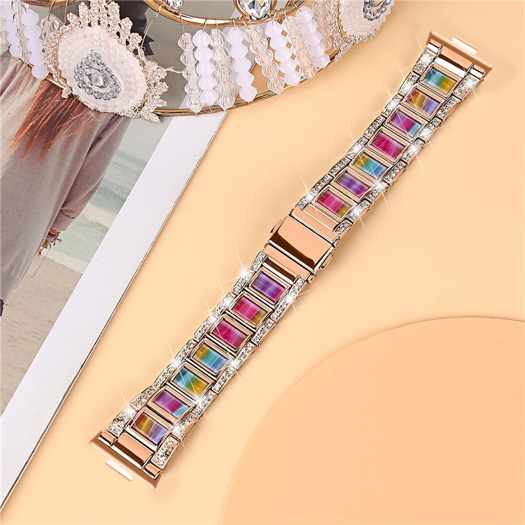 For Huawei Watch Fit 3 Metal Alloy Watch Band Rhinestones Resin Wristband Bracelet - Rose Gold+Rainbow
