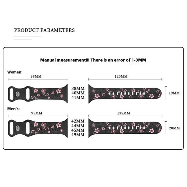 For Apple Watch 10 42mm / 9 8 7 41mm / SE (2023) SE (2022) SE 6 5 4 40mm / 3 2 1 38mm Silicone Flower Pattern Band - Black  /  Pink