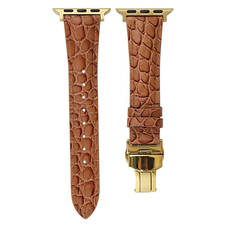 Crocodile Texture Leather Strap for Apple Watch Series 10 42mm / 9 8 7 41mm  /  SE (2023) SE (2022) SE 6 5 4 40mm / 3 2 1 38mm - Brown+Gold Buckle