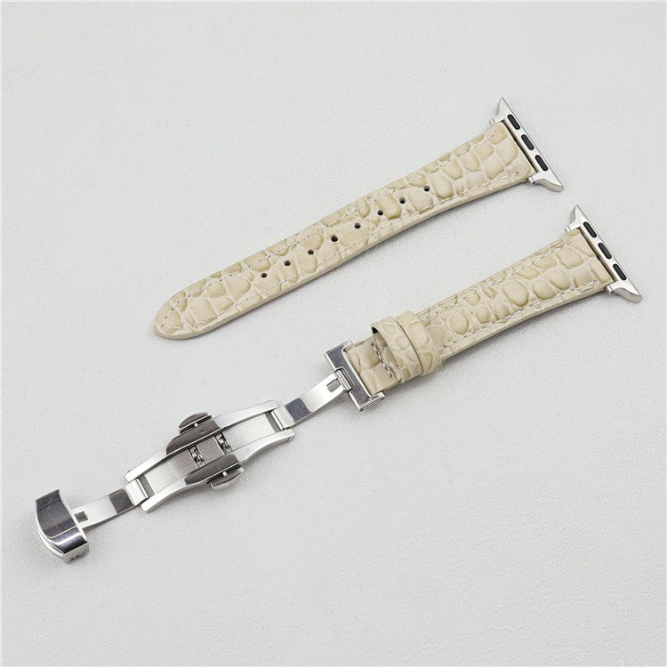 Crocodile Texture Leather Strap for Apple Watch Series 10 42mm / 9 8 7 41mm  /  SE (2023) SE (2022) SE 6 5 4 40mm / 3 2 1 38mm - Brown+Gold Buckle