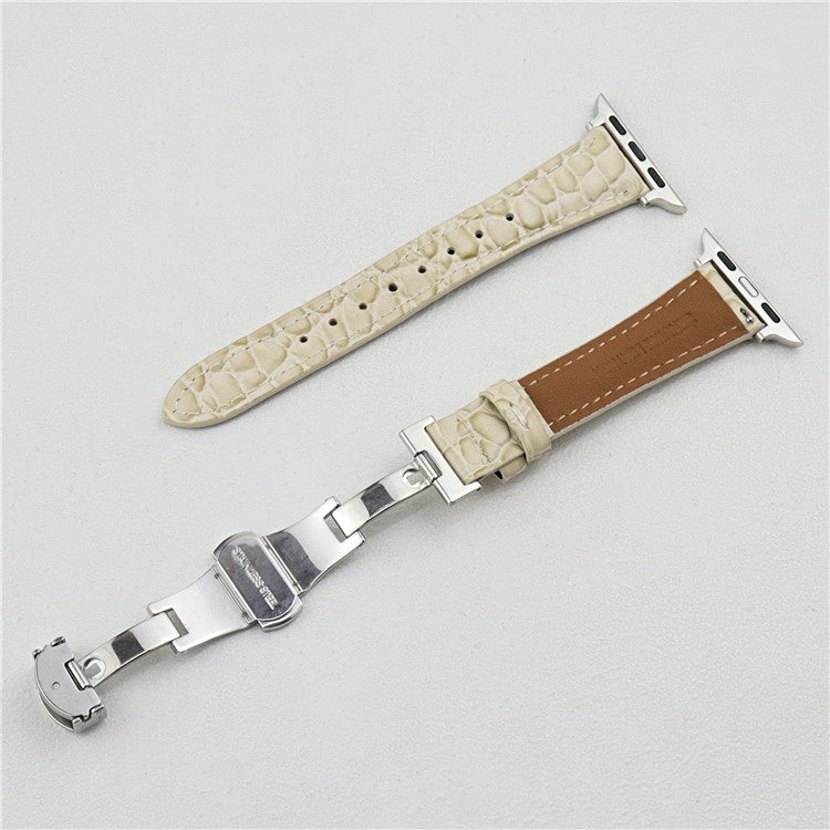 Crocodile Texture Leather Strap for Apple Watch Series 10 42mm / 9 8 7 41mm  /  SE (2023) SE (2022) SE 6 5 4 40mm / 3 2 1 38mm - Brown+Gold Buckle