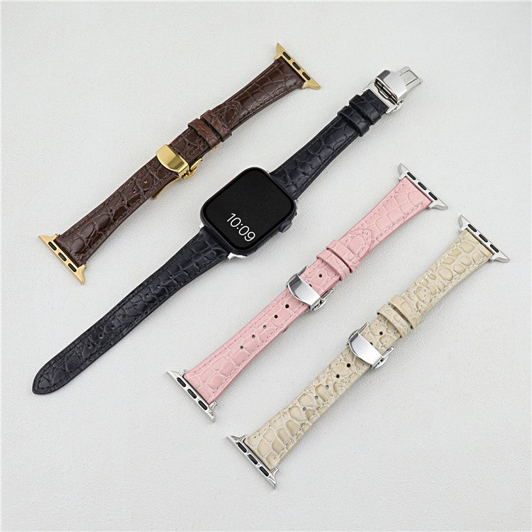 Crocodile Texture Leather Strap for Apple Watch Series 10 42mm / 9 8 7 41mm  /  SE (2023) SE (2022) SE 6 5 4 40mm / 3 2 1 38mm - Brown+Gold Buckle