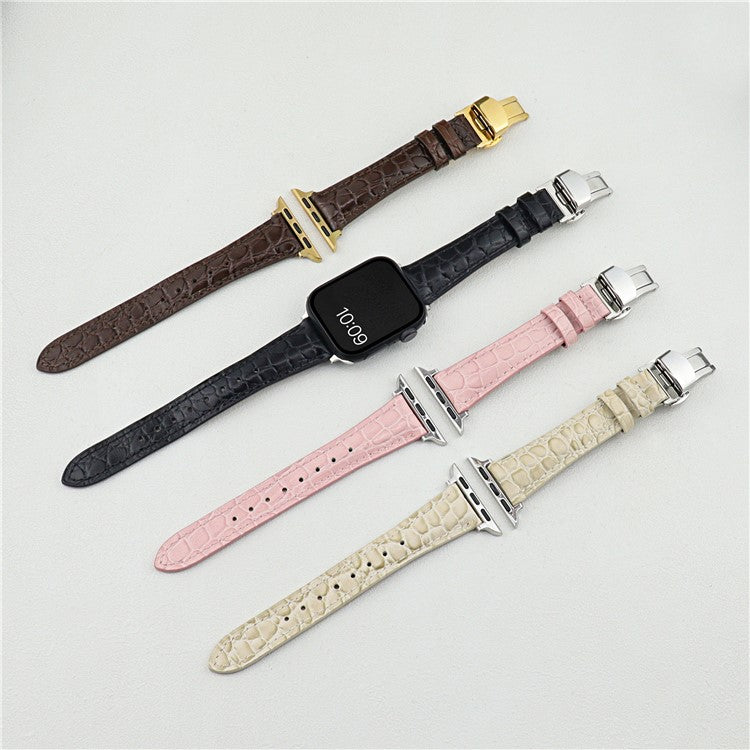 Crocodile Texture Leather Strap for Apple Watch Series 10 42mm / 9 8 7 41mm  /  SE (2023) SE (2022) SE 6 5 4 40mm / 3 2 1 38mm - Brown+Gold Buckle