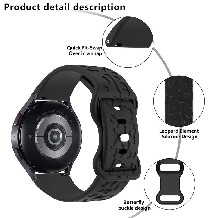 KALEBOL 18mm Silicone Strap for Huawei Watch GT 4 41mm / Garmin Venu 3S Leopard Texture Watch Band - Black