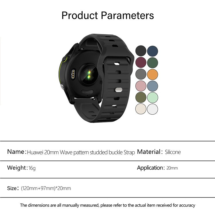 KALEBOL 20mm Silicone Strap for Huawei Watch GT 3 42mm / GT 3 Pro 43mm Wave Design Watch Band - Black