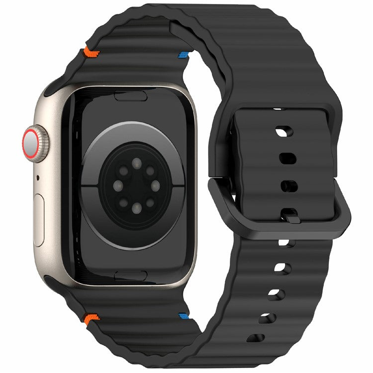 Silicone Strap for Apple Watch Series 10 46mm / Ultra 2 / Ultra 49mm / 9 8 7 45mm / SE (2023) SE (2022) SE 6 5 4 44mm / 3 2 1 42mm Wave Band - Black