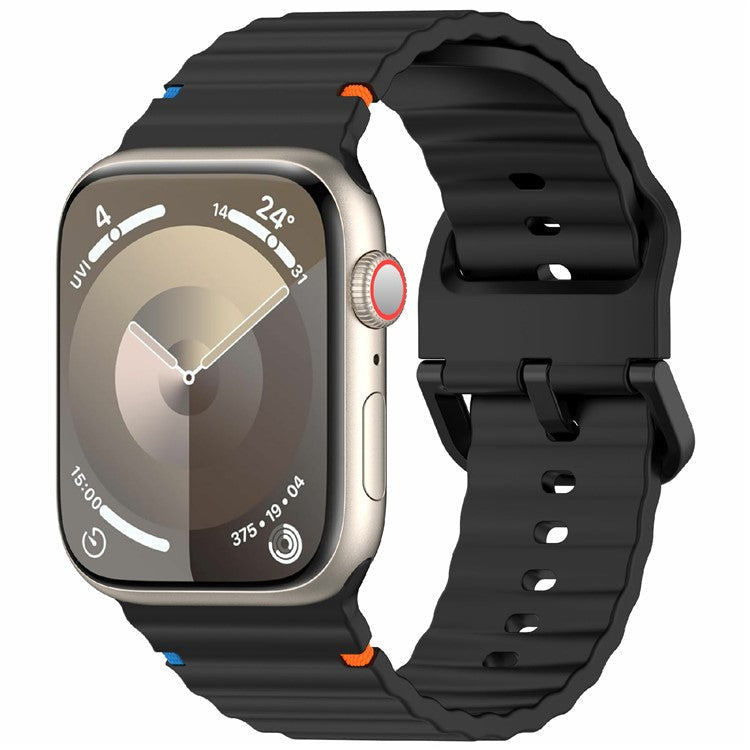 Silicone Strap for Apple Watch Series 10 46mm / Ultra 2 / Ultra 49mm / 9 8 7 45mm / SE (2023) SE (2022) SE 6 5 4 44mm / 3 2 1 42mm Wave Band - Black