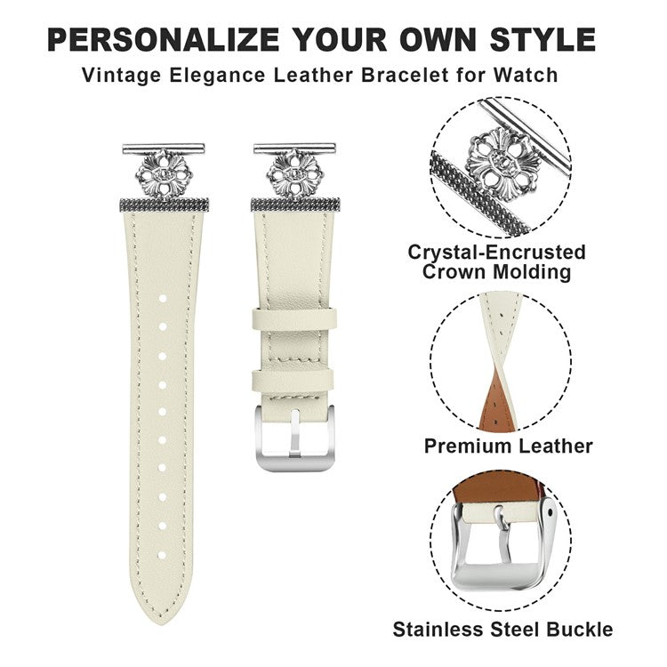 For Huami Amazfit GTR Mini Watch Band Genuine Cow Leather Flower Decor Adjustable Strap - White