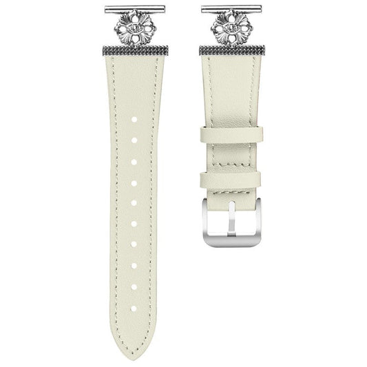 For Honor Watch ES Watch Band Genuine Cow Leather Flower Decor Adjustable Strap - White