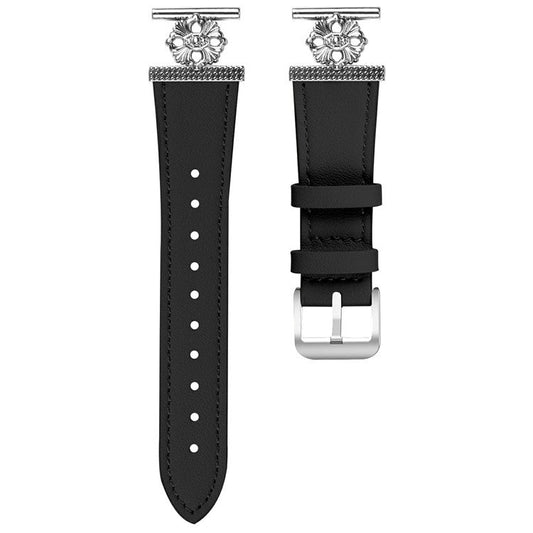 For Huawei Watch GT 3 42mm Watch Band Genuine Cow Leather Flower Decor Adjustable Strap - Black