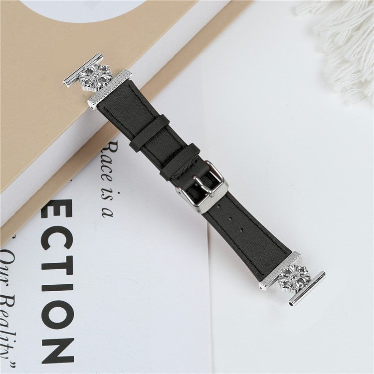 For Samsung Galaxy Watch Active 40mm Watch Band Genuine Cow Leather Flower Decor Adjustable Strap - Black