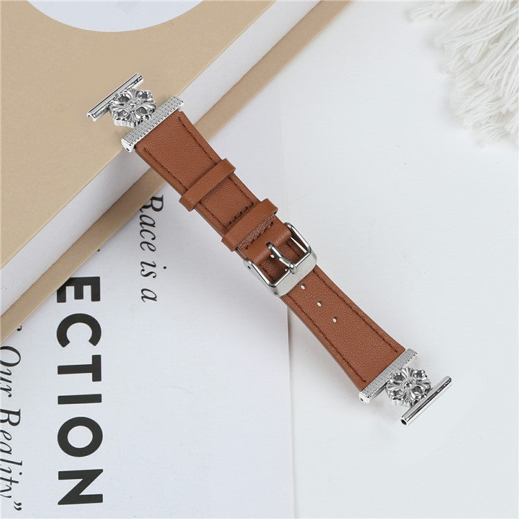 For Samsung Galaxy Watch Active 40mm Watch Band Genuine Cow Leather Flower Decor Adjustable Strap - Brown
