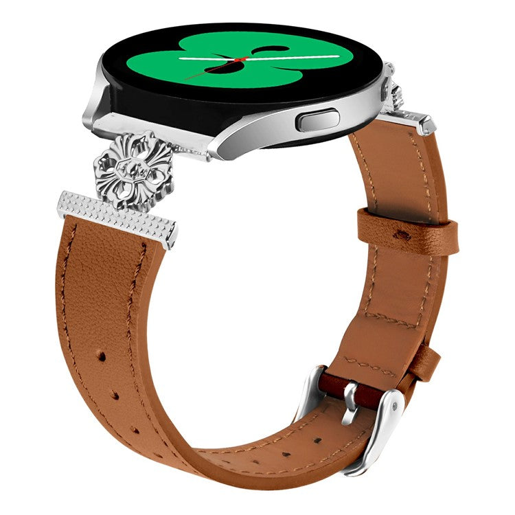 For Samsung Galaxy Watch4 40mm / 44mm Watch Band Genuine Cow Leather Flower Decor Adjustable Strap - Brown